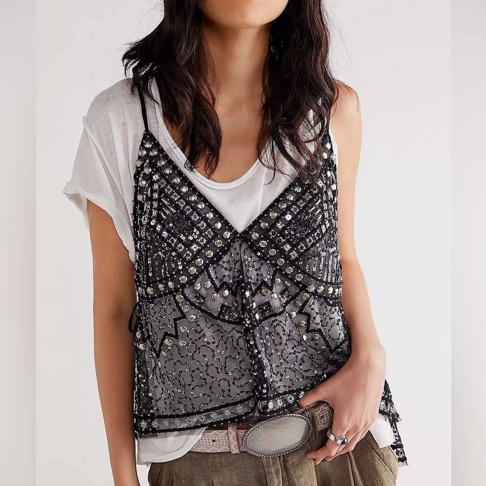 Free People Black Beaded Sheer Camisole - Picture 3 of 4